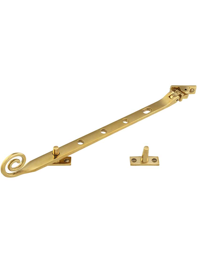 Solid-Brass Casement Stay with Curly Handle - 11 1/2 inch.